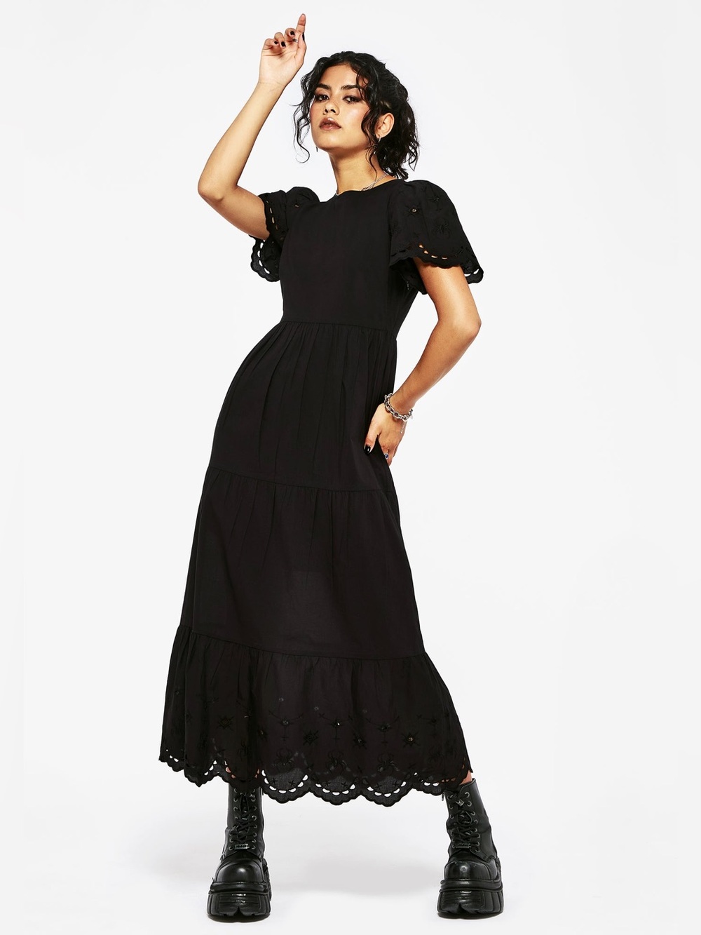 Disturbia Synthweb Cotton Broderie Hem Midaxi Dress US 2 / UK 6